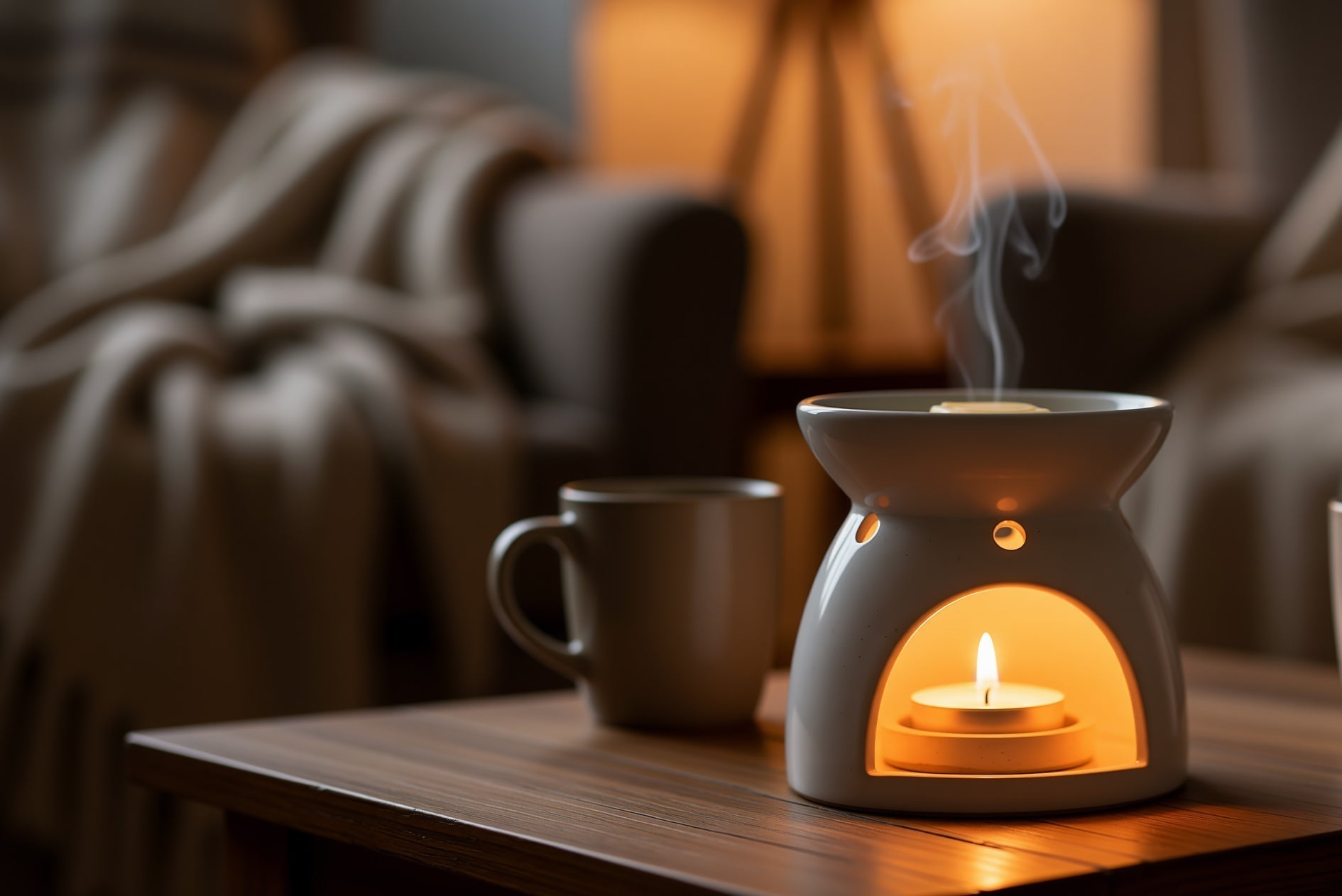 Cosy living room in warm evening lamplight, ceramic tealight wax melt burner glowing with wax melt, tealight flame