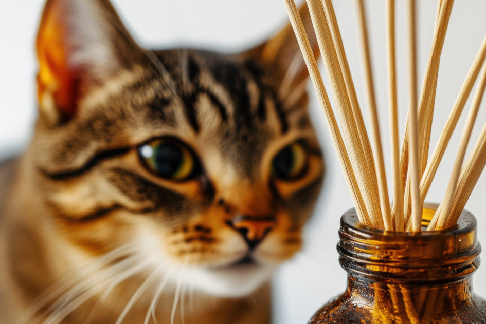 Cat sniffing reed diffuser