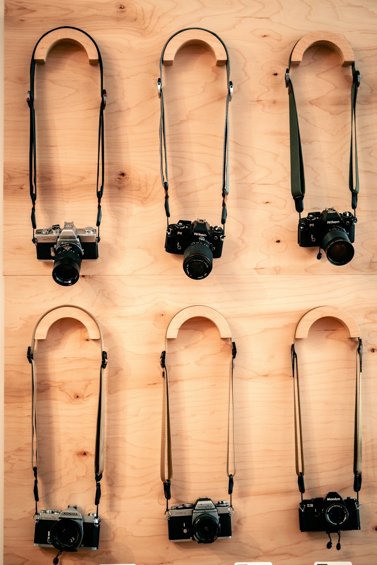 a bunch of cameras hanging on a wall