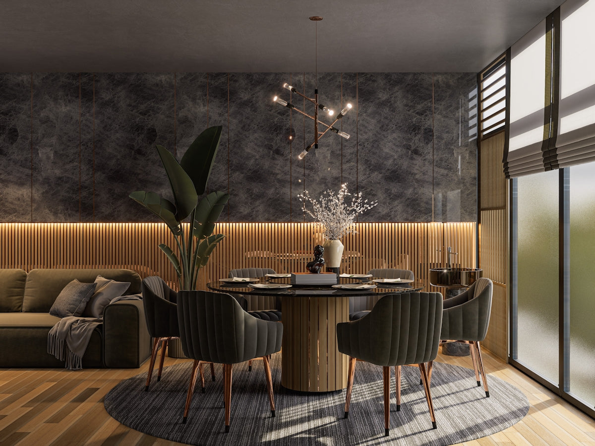 A living room with a couch a table and chairs