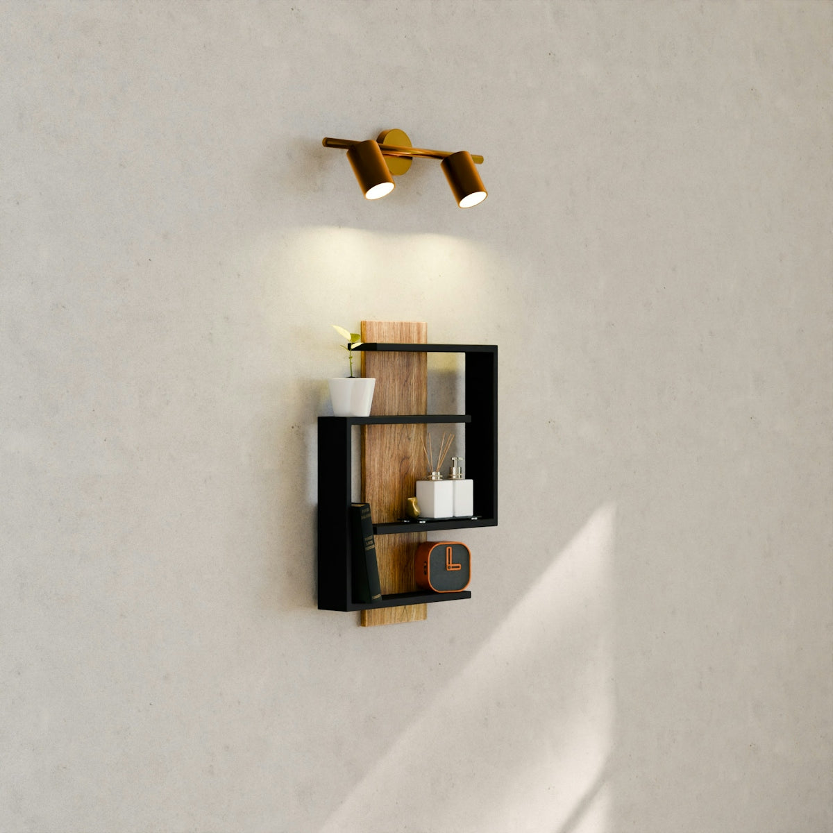 Modern wall shelf with decorative items and spotlight.