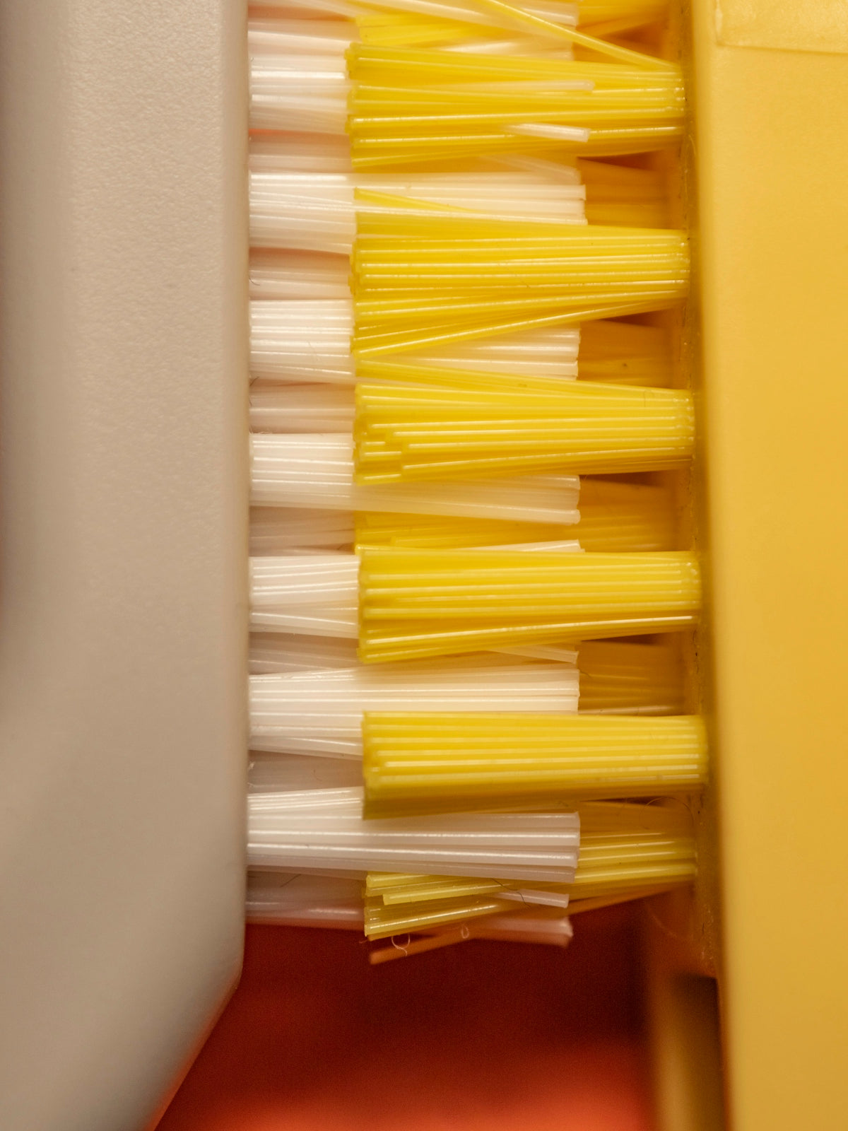 Close-up of yellow and white toothbrush bristles