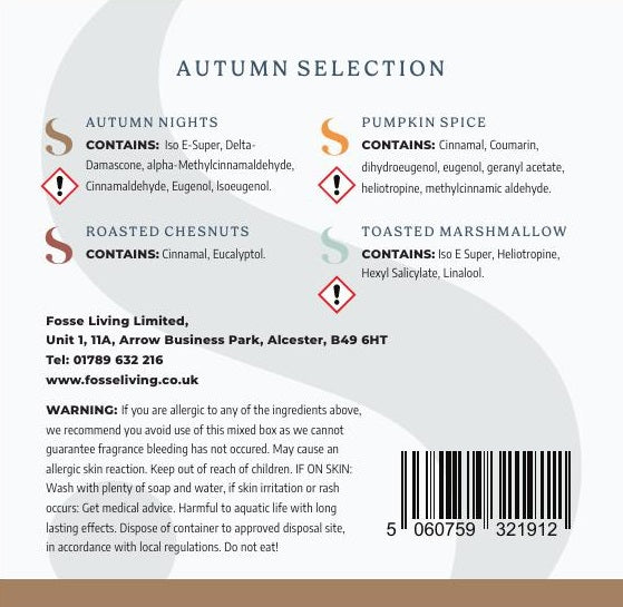 Autumn Selection Highly Scented Soy Wax Melts - 16 Pack Fosse Living CLP safety information
