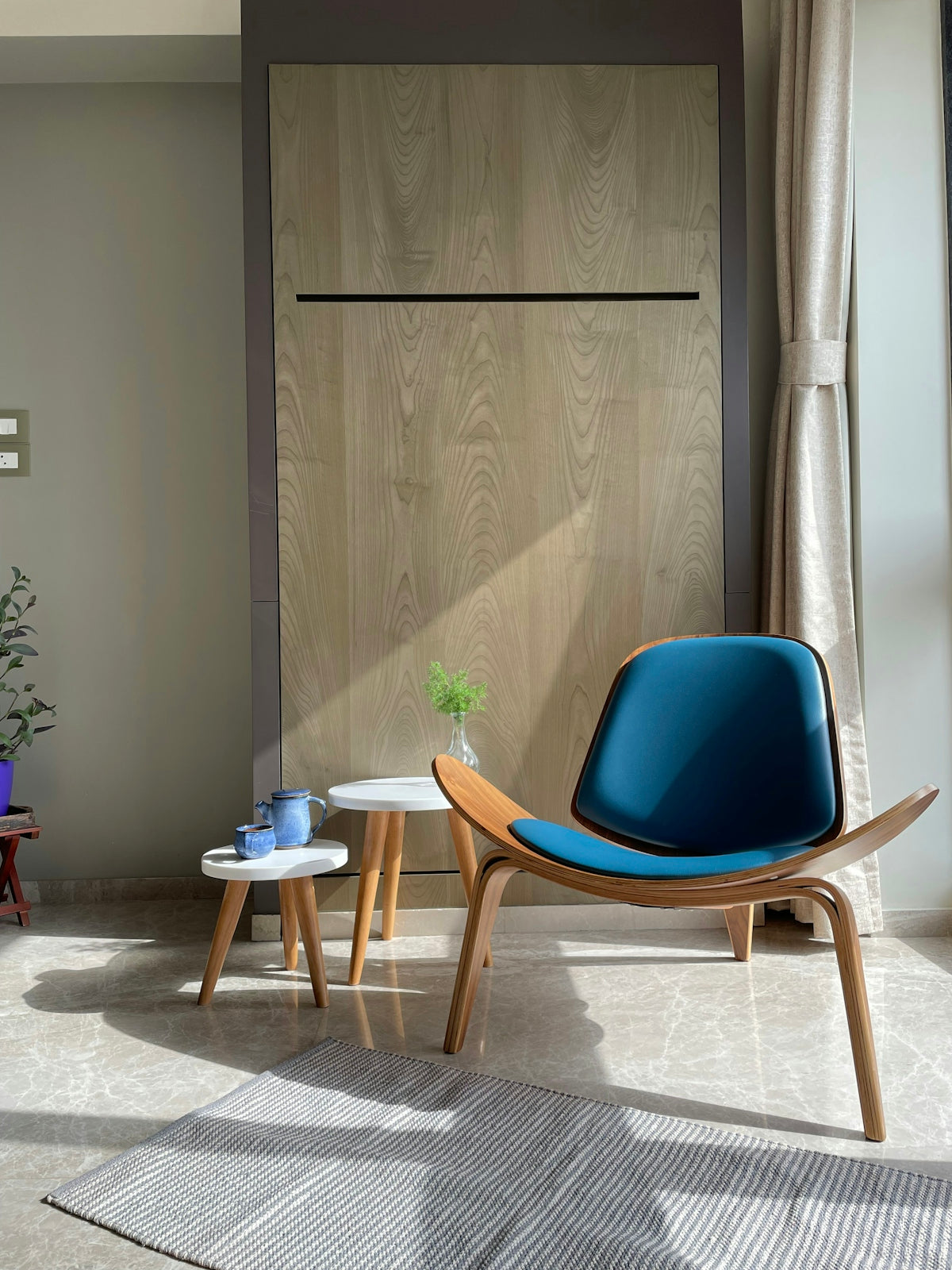 blue and brown wooden chair