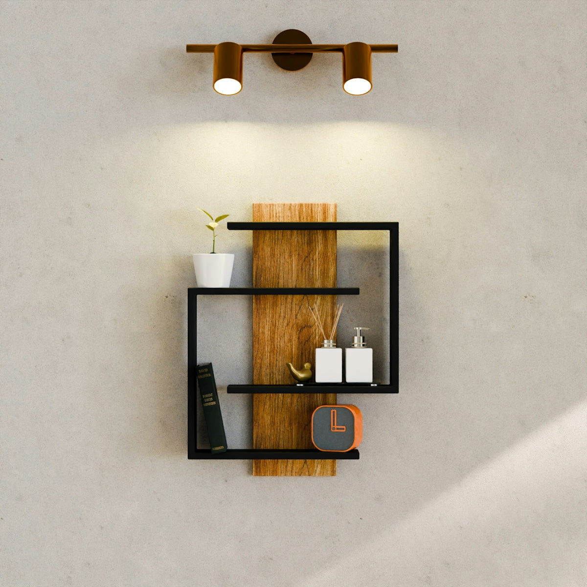 Modern wall shelf with decor and spotlight.