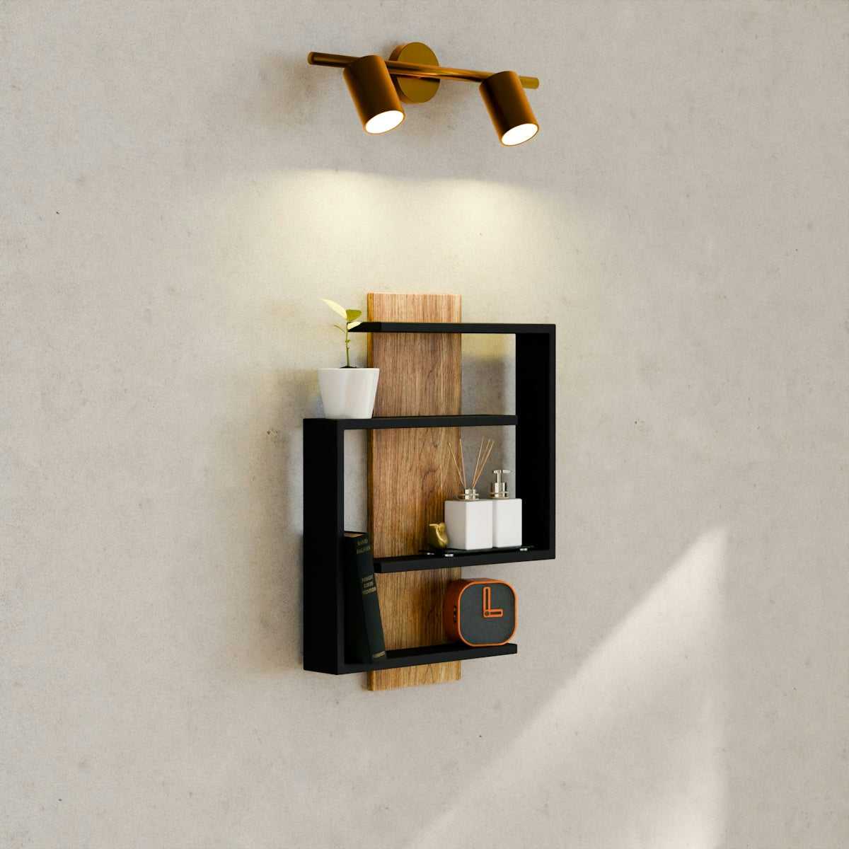 Modern wall shelf with decorative items and functional items.