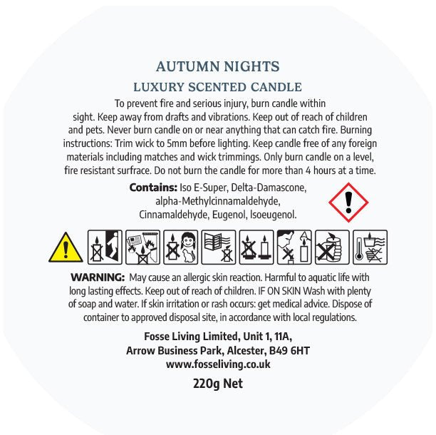 Autumn nights autumn scented candle by fosse living CLP safety information