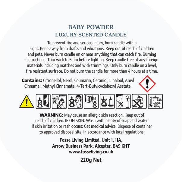 Baby Powder Scented Candle - Fosse Living | Luxury Home Fragrances CLP safety information
