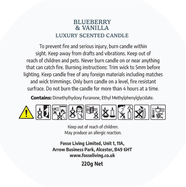 Blueberry & Vanilla Scented Candle - Fosse Living | Luxury Home Fragrances clp safety information