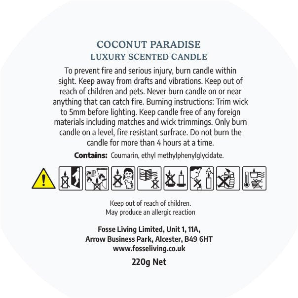Coconut Paradise Scented Candle - Fosse Living | Luxury Home Fragrances CLP safety information