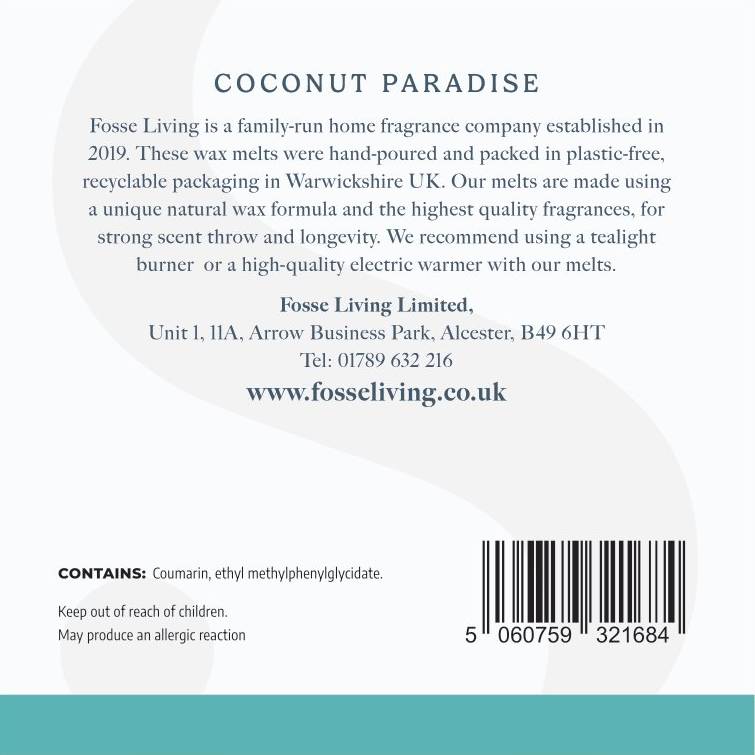 Coconut Paradise Wax Melts - 16 Pack - Fosse Living | Luxury Home Fragrances CLP safety information