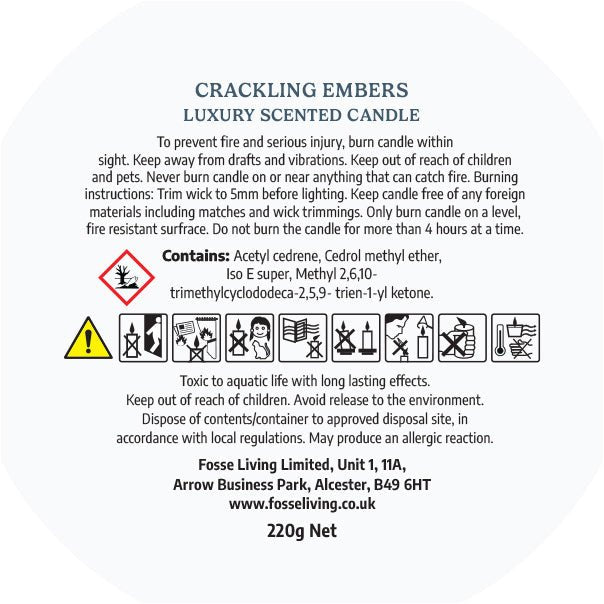 Crackling Embers Scented Candle - Fosse Living | Luxury Home Fragrances CLP safety information