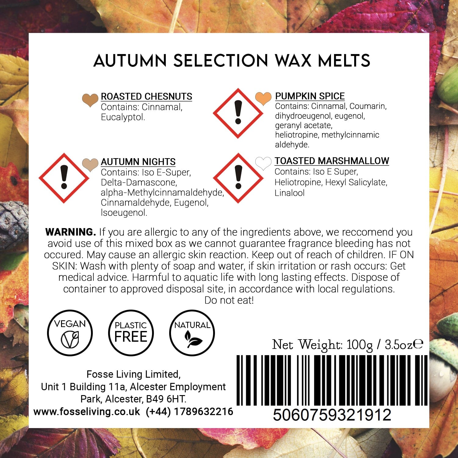 Autumn Selection Highly Scented Soy Wax Melts - 16 Pack Fosse Living  CLP safety information