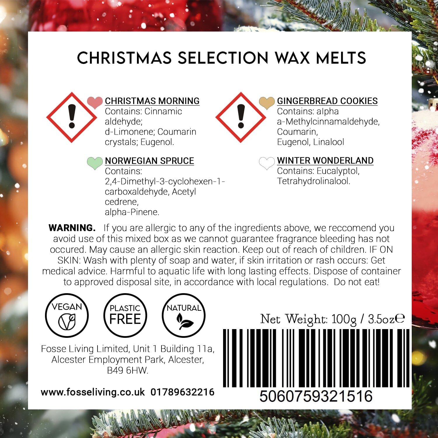 Christmas Selection Highly Scented Soy Wax Melts - 16 Pack Fosse Living  CLP safety information